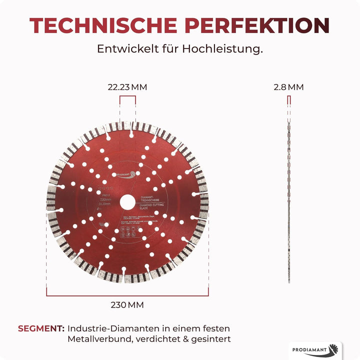 PRODIAMANT Turbo Diamant-Trennscheibe 230mm x 22,23 mm Segmenthöhe 12mm für Beton Naturstein Ziegel