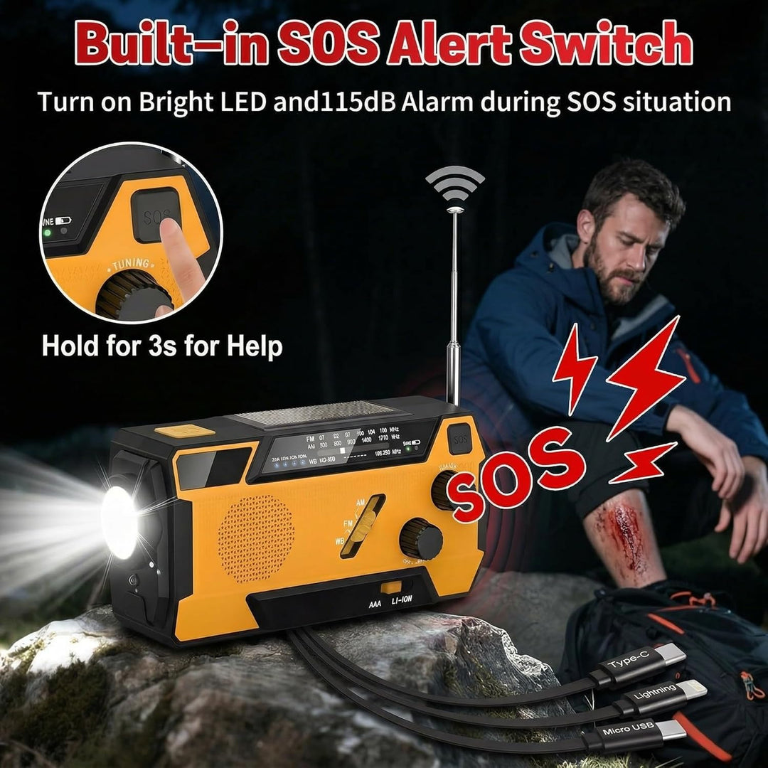 Notfall Radio Kurbelradio mit 3 USB-Lademöglichkeiten, Solar Radio 2000mAh Powerbank Typ-C/Micro-USB