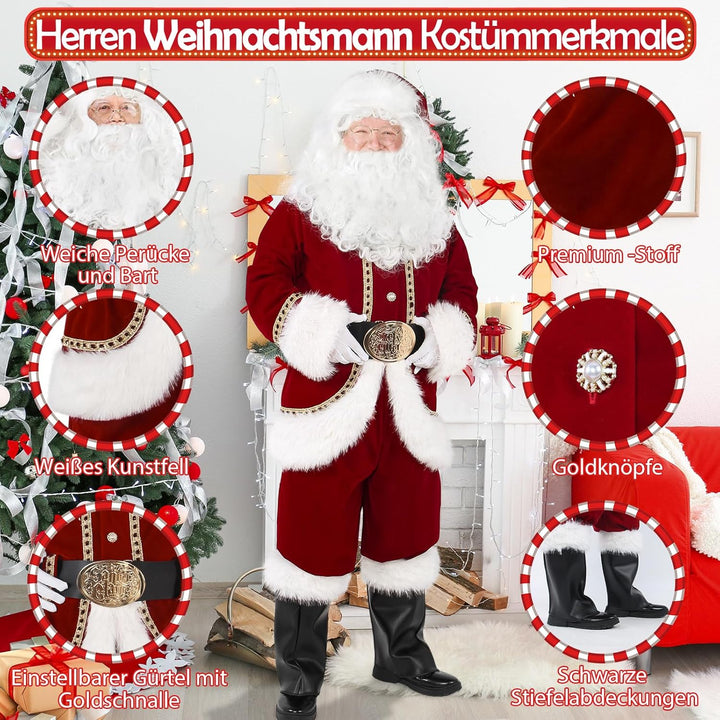 Boveco Weihnachtsmänner Kostümset für Erwachsene 11-teilig Deluxe Weihnachtsmann Kostüm Anzug Samt f