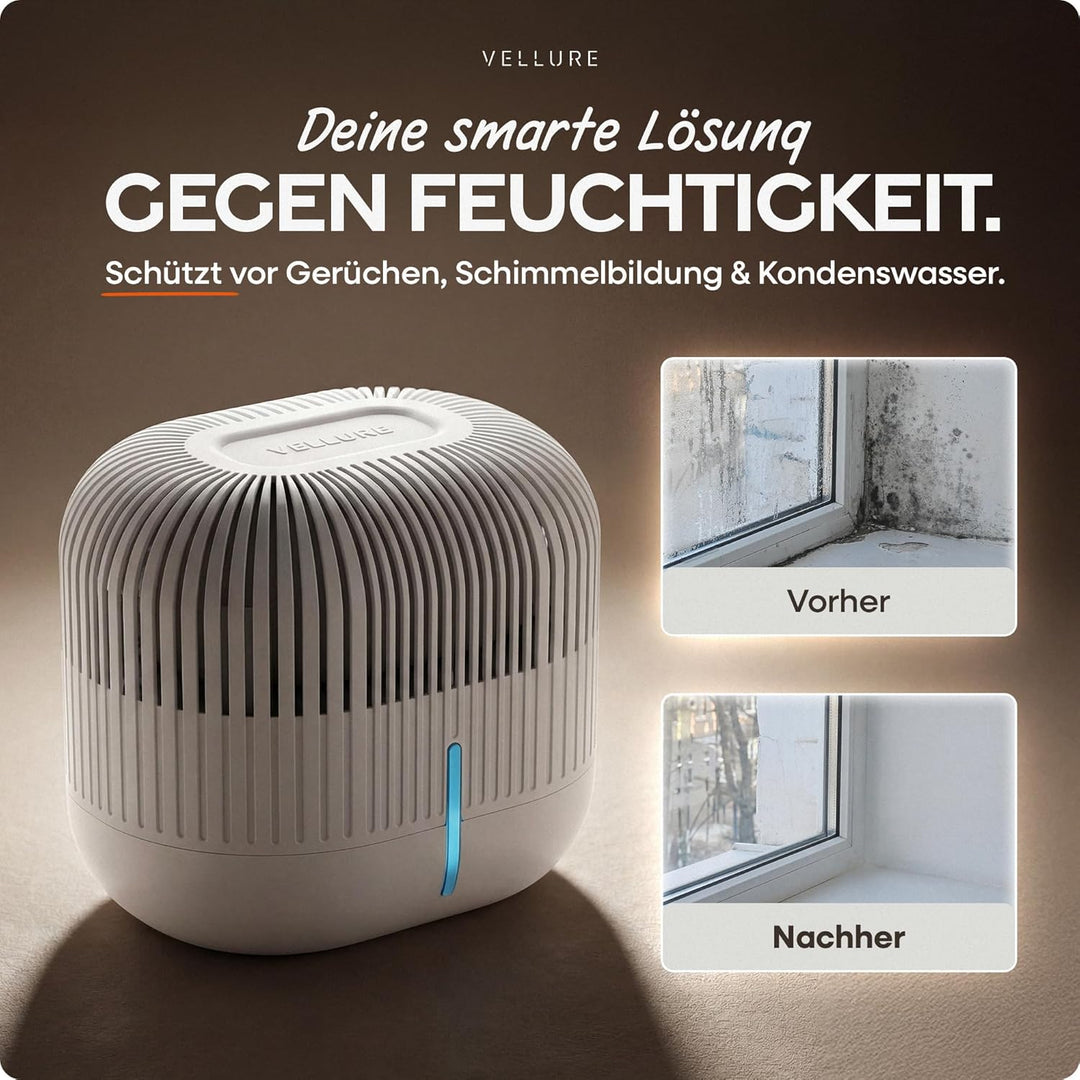Vellure® Design Luftentfeuchter ohne Strom + 2x 600g Nachfüllpacks - Raumentfeuchter für Bad, Keller