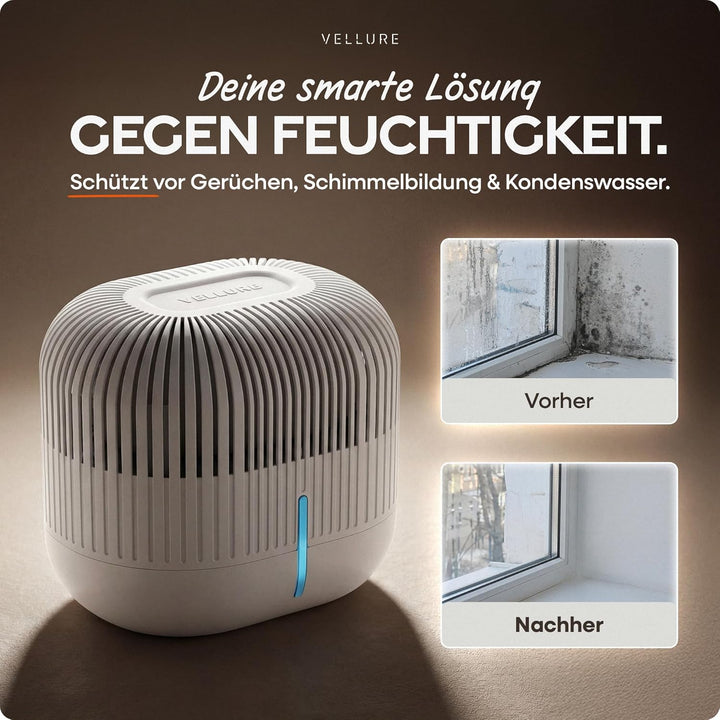 Vellure® Design Luftentfeuchter ohne Strom + 2x 600g Nachfüllpacks - Raumentfeuchter für Bad, Keller