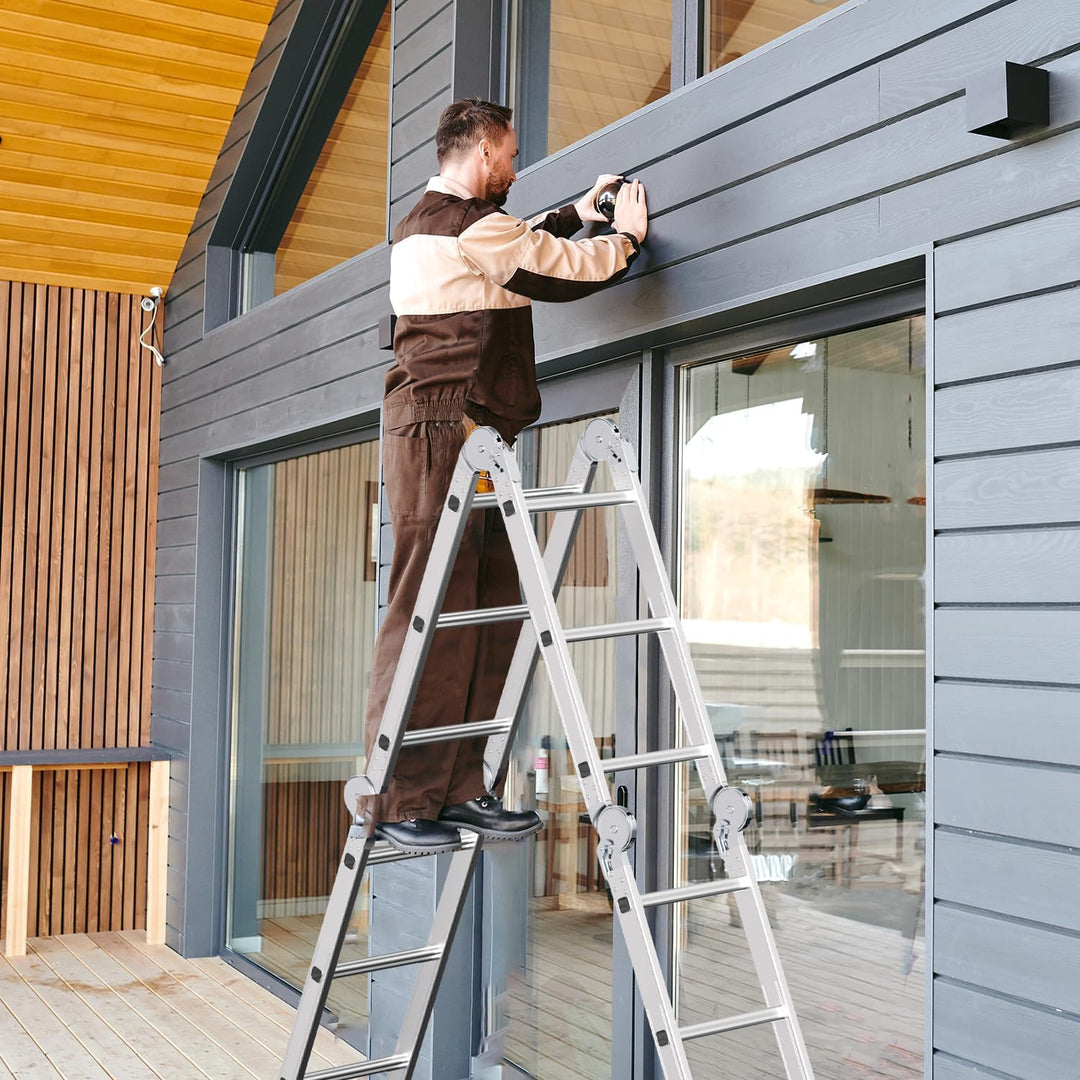 4x3 Mehrzweckleiter 360cm 7 in 1 Alu Leiter mit 2 plattform und 2 Transport Rollen bis 150 kg，Vielzw