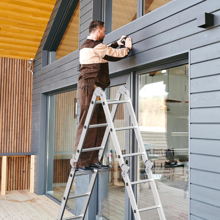 4x3 Mehrzweckleiter 360cm 7 in 1 Alu Leiter mit 2 plattform und 2 Transport Rollen bis 150 kg，Vielzw