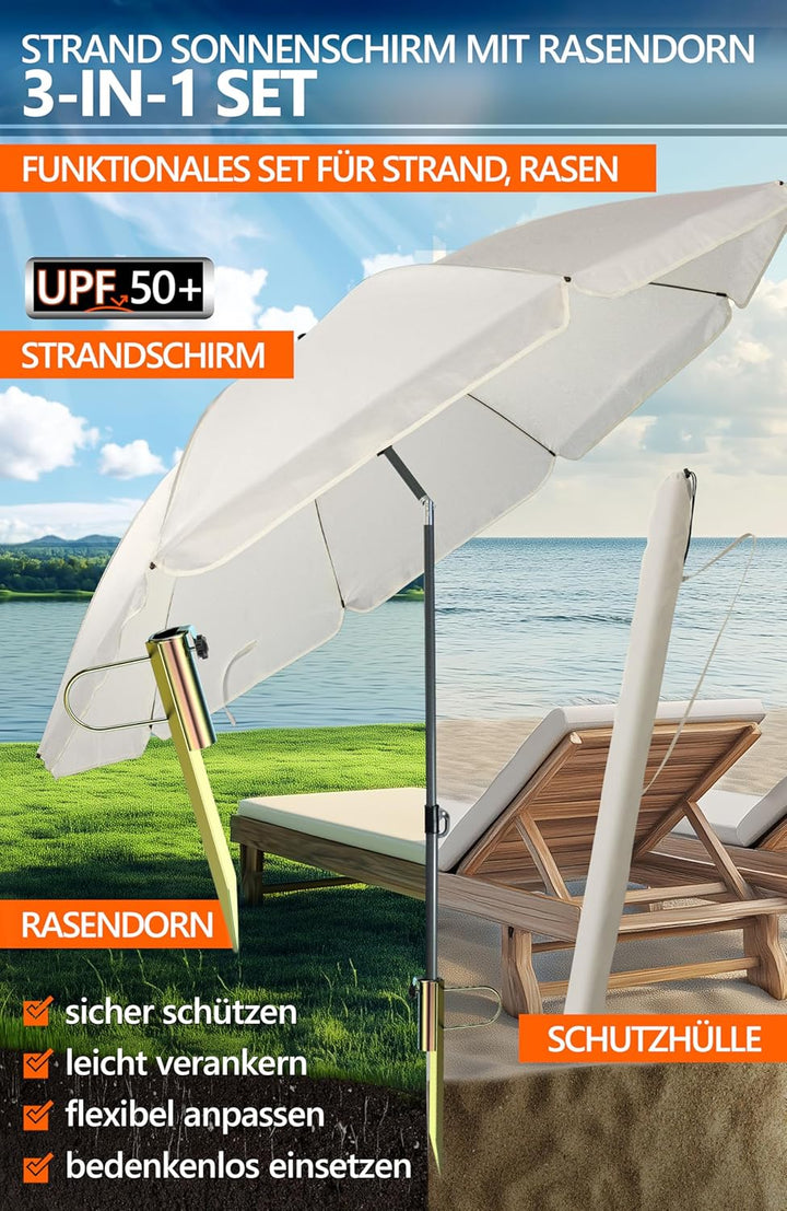 4smile Sonnenschirm Strand SunnyJoy in Beige, 3er Set - Strandschirm windfest stabil + Rasendorn Son