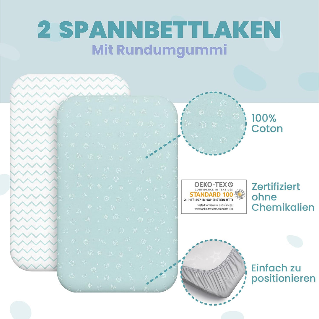 2X Spannbettlaken aus 100% Baumwolle mit Gummiband - 1X Matratzenschoner aus 100% wasserdichtem Mate