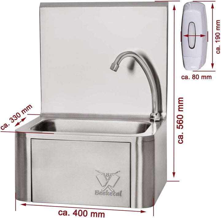 Beeketal 'HWB-I' Knie-Kontakt Handwaschbecken aus Edelstahl mit Wasserhahn - Industrie Waschbecken z