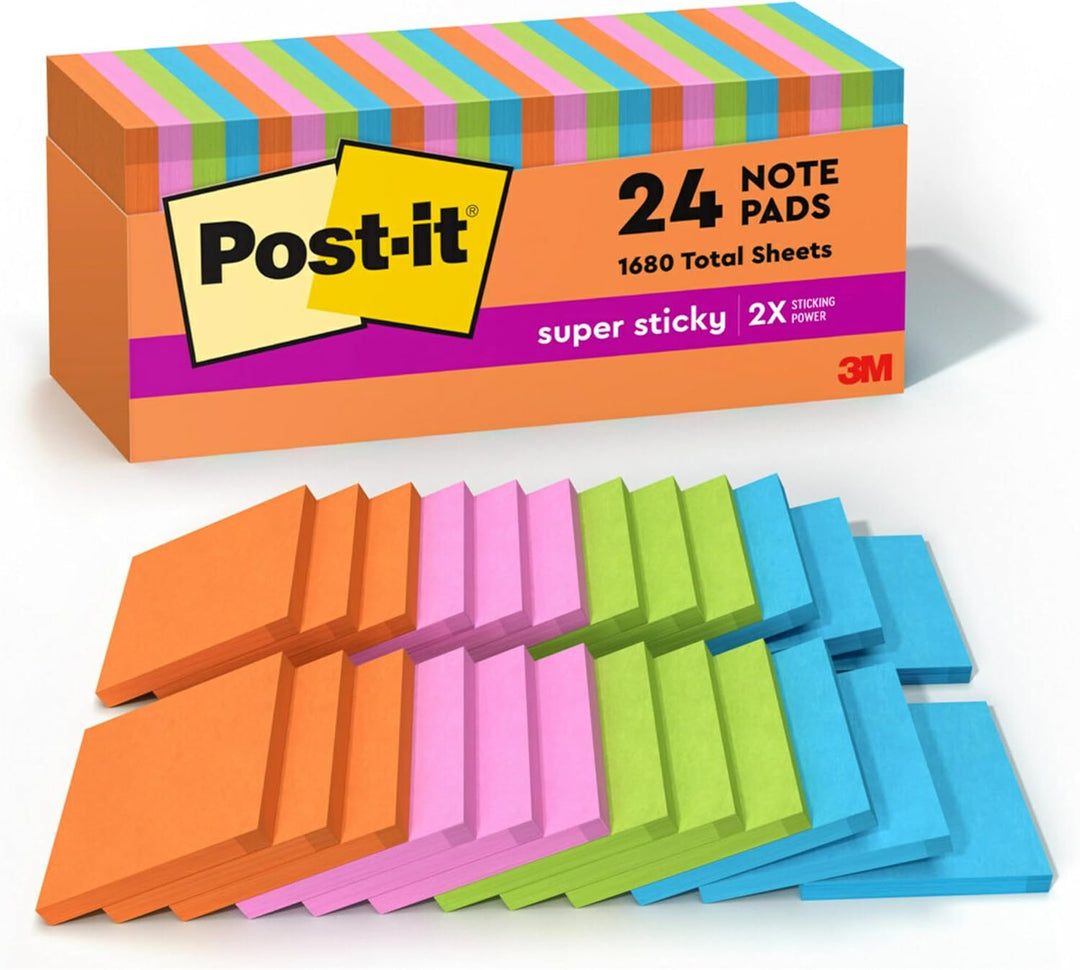 Post-it Super Sticky Notes, 3 in X 3 in, Rio de Janeiro Collection, 24 Pads, 70 SHEETS/Pad, Kabinett