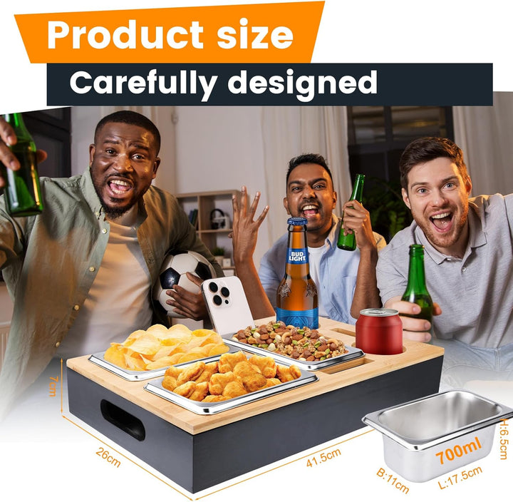 TEGOVE Couchbar Snackbox, Sofa Tablett,Mit Snackschalen Aus Edelstahl,mit Abnehmbarer Deckel, Couch
