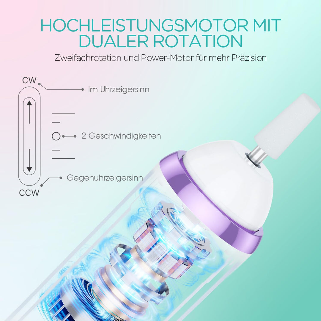 VOGOE Elektrische Nagelfeile, Kabelloser Nagelfräser mit LED-Licht, Einstellbare Geschwindigkeit &amp; 2