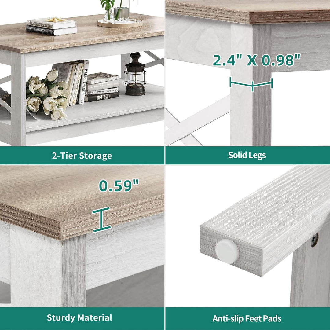 YITAHOME Couchtisch, Wohnzimmertisch, 2-stöckiger Dicker Holz Rechteckiger Couchtisch, X-Form Metal