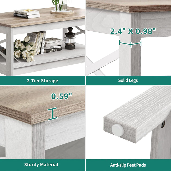 YITAHOME Couchtisch, Wohnzimmertisch, 2-stöckiger Dicker Holz Rechteckiger Couchtisch, X-Form Metal