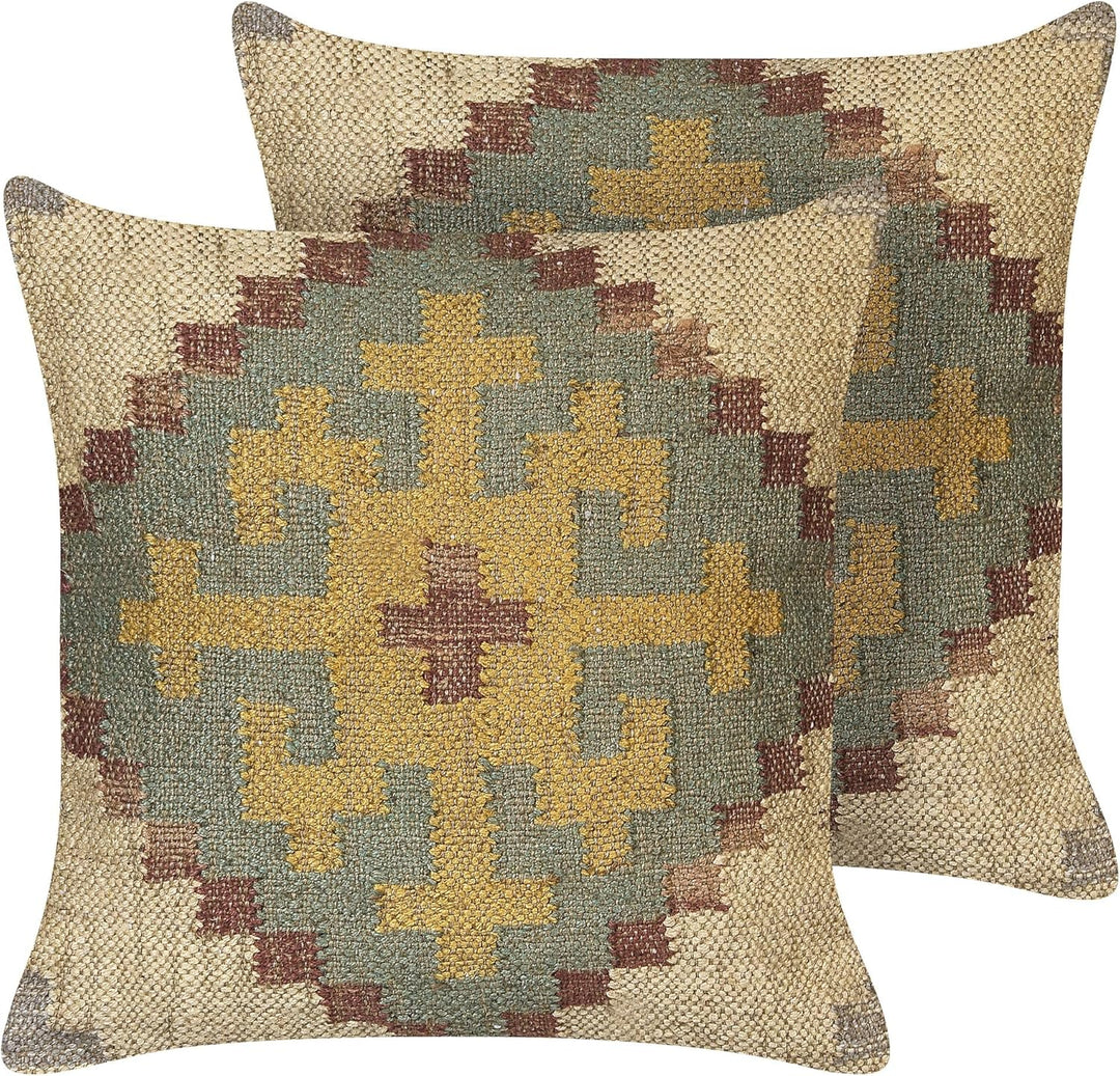 Set aus 2 Kissen mit orientalischem ethnischem Muster aus Jute und Wolle 45 x 45 cm mehrfarbig Saron