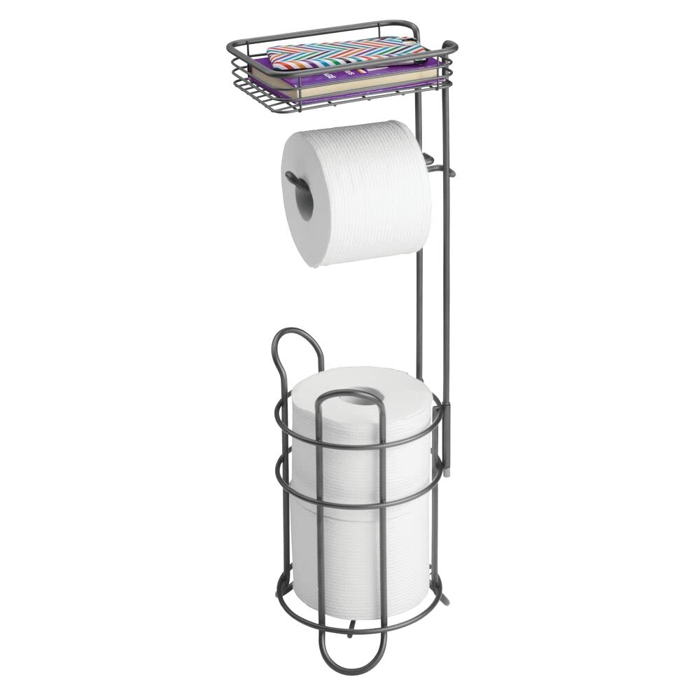 mDesign Klopapierhalter freistehend – stilvoller Toilettenpapierhalter aus Metall mit Ablage für Feu