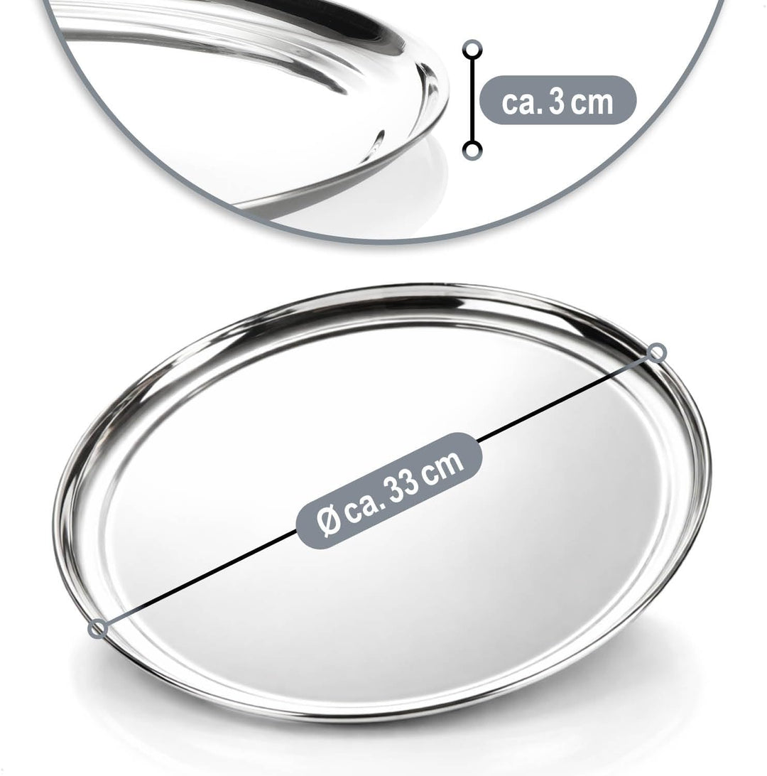 com-four® 4X Servier-Tablett aus Edelstahl Ø 33 cm - rundes Gastro-Tablett - Edelstahl Servierplatte