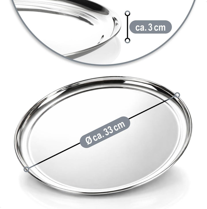 com-four® 4X Servier-Tablett aus Edelstahl Ø 33 cm - rundes Gastro-Tablett - Edelstahl Servierplatte