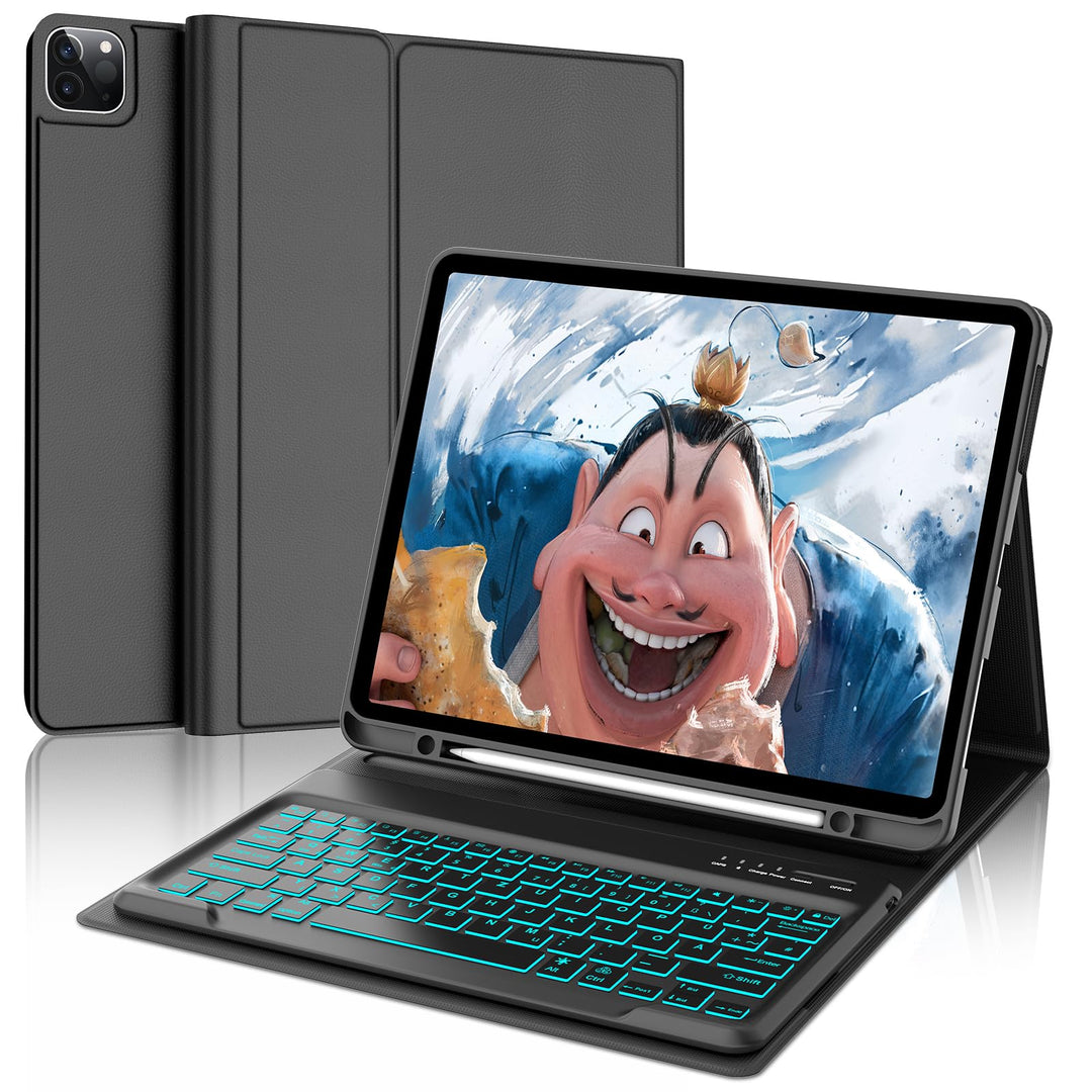 Hülle mit Tastatur für iPad Pro 12.9 (6/5/4/3 Gen), 7 Farben Beleuchtung, Deutsches QWERTZ, Magnetis