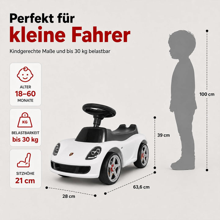 Lemodo, Porsche Carrera GT Rutschauto lizenziert weiss, ab 18 Monaten, Kinderfahrzeug mit Scheinwerf