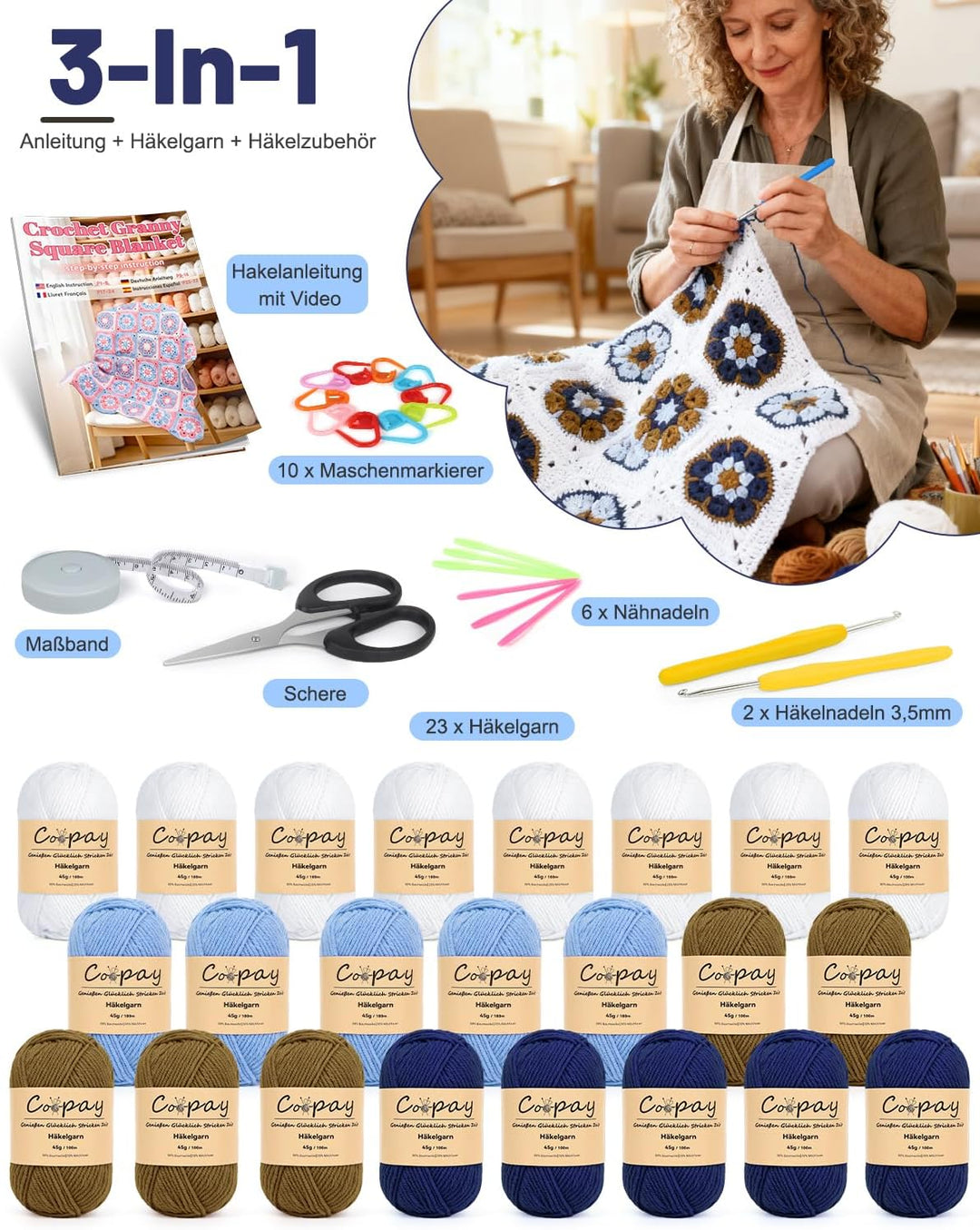 Coopay Granny Square Häkelset für Anfänger Profis, Komplettes Häkelset für Decke Häkeln, Häkel Set m