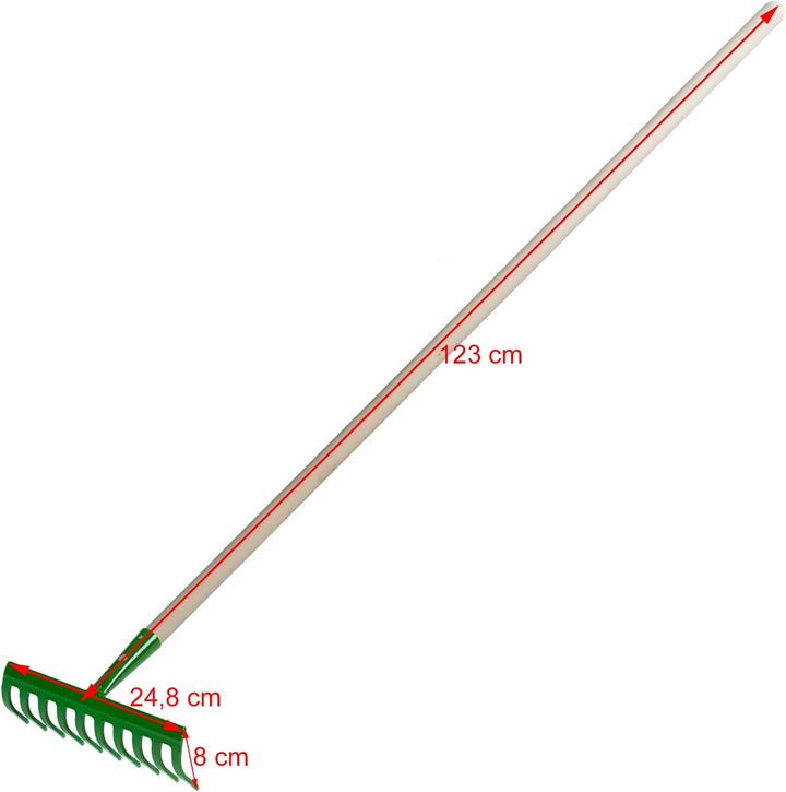 Garten Gerät Harke Rasen Boden Erde Rechen 10 Zinken Stahl grün Gartenrechen 24,8 cm mit Holz Stiel