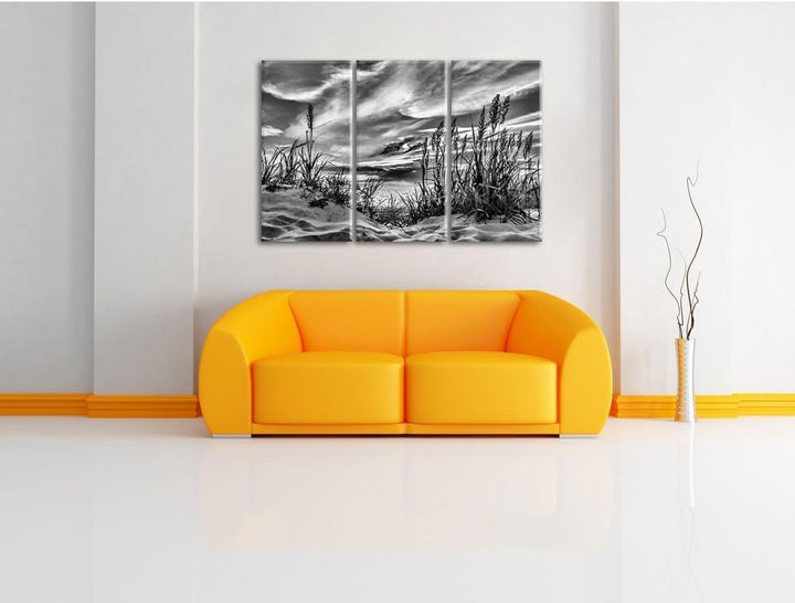 Pixxprint Monocrome, Gras am Strand bei Sonnenuntergang 3-Teiler Leinwandbild 120x80 Bild auf Leinwa