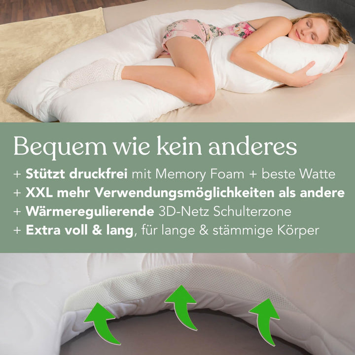 Traumreiter Seitenschläferkissen Visco XXL mit Bezug Baumwolle Sonnengelb Schilf - Hybrid Kissen + 2