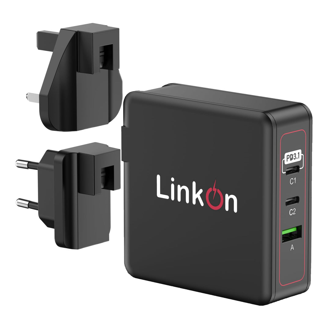 LinkOn Ganius 140W PD3.1 Wandladegerät mit GaN-Technologie, 140W/100W USB-C und 20W QC3.0 USB-A, 3-P
