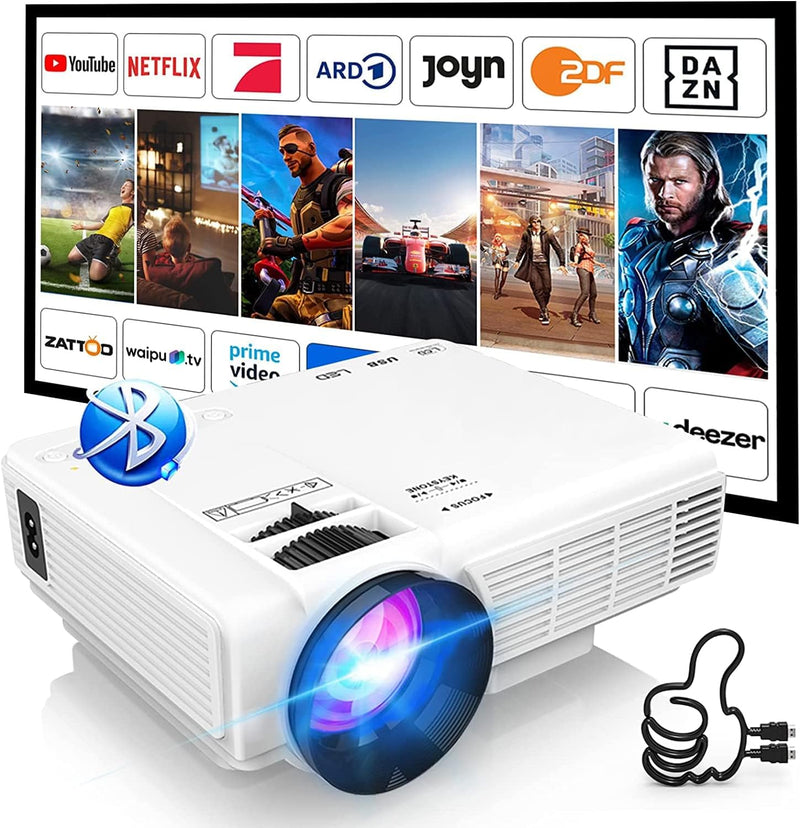 Mini Beamer mit Bluetooth, AKATUO Mini Projektor Full HD 1080P, 200” Display Tragbar LCD Heimkino/Ou