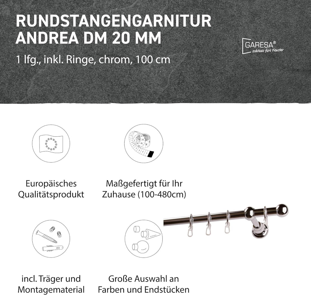 Garesa Gardinenstange Andrea Ø 20mm, 1-läufig, Chrom I Stabile Vorhangstange inkl. Ringe + Faltenleg
