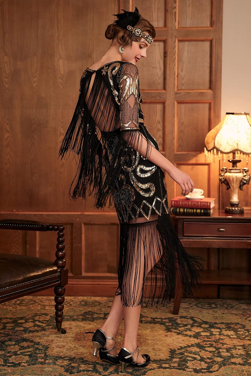 BABEYOND 1920er Jahre Flapper Kleid Lang Fransen Gatsby Kleid Roaring 20er Jahre Pailletten Perlen K