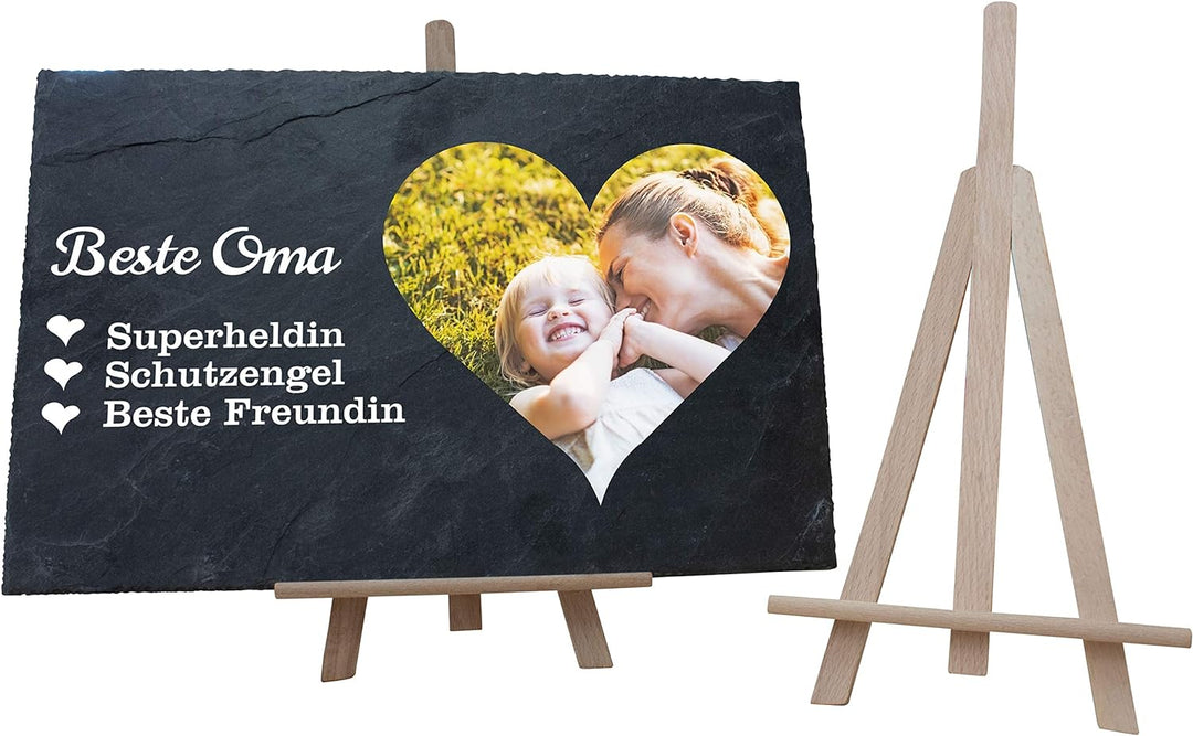 wandmotiv24 Schiefertafel mit Staffelei Personalisiert, Digitaldruck Farb-Foto im Herzformat, Text B