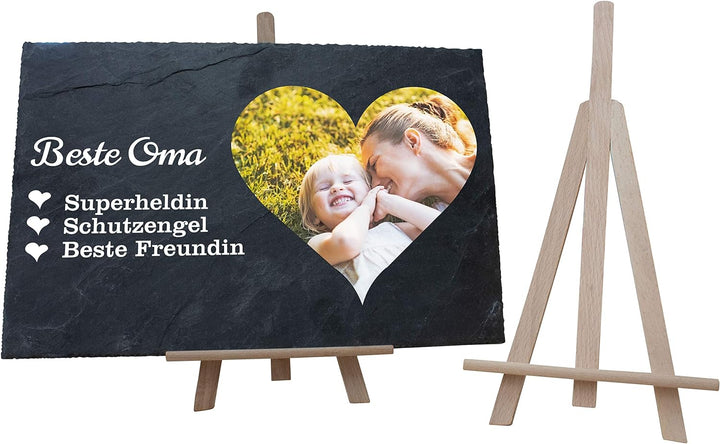 wandmotiv24 Schiefertafel mit Staffelei Personalisiert, Digitaldruck Farb-Foto im Herzformat, Text B