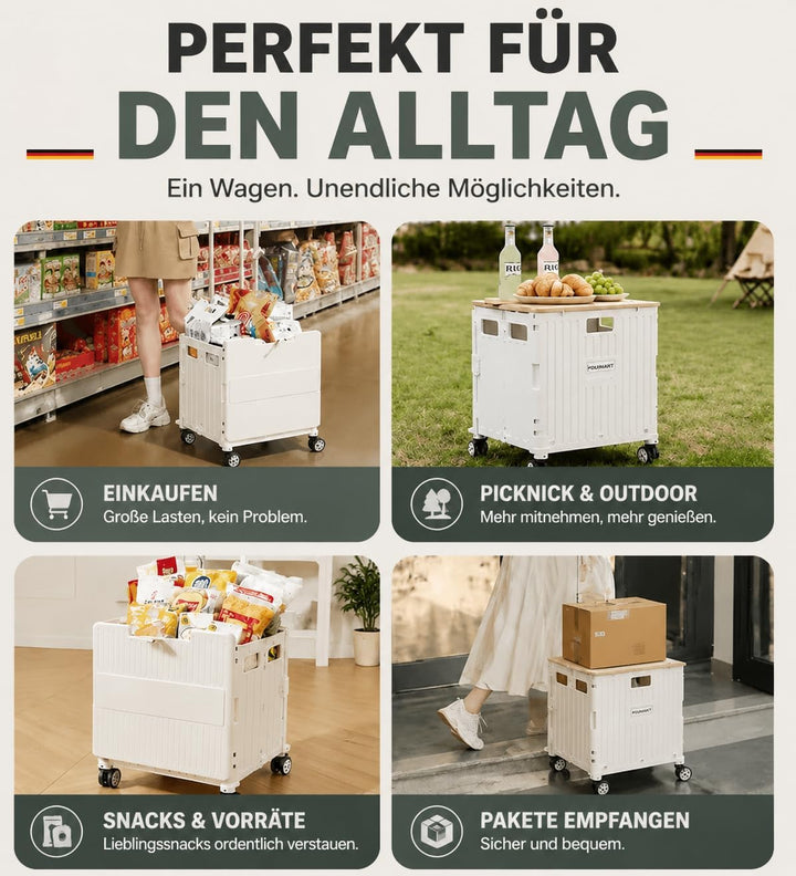 Faltbarer Einkaufstrolley 65L, Leichtgewicht 4,2 kg, mit Teleskopgriff, Klappbox auf Rollen für Eink