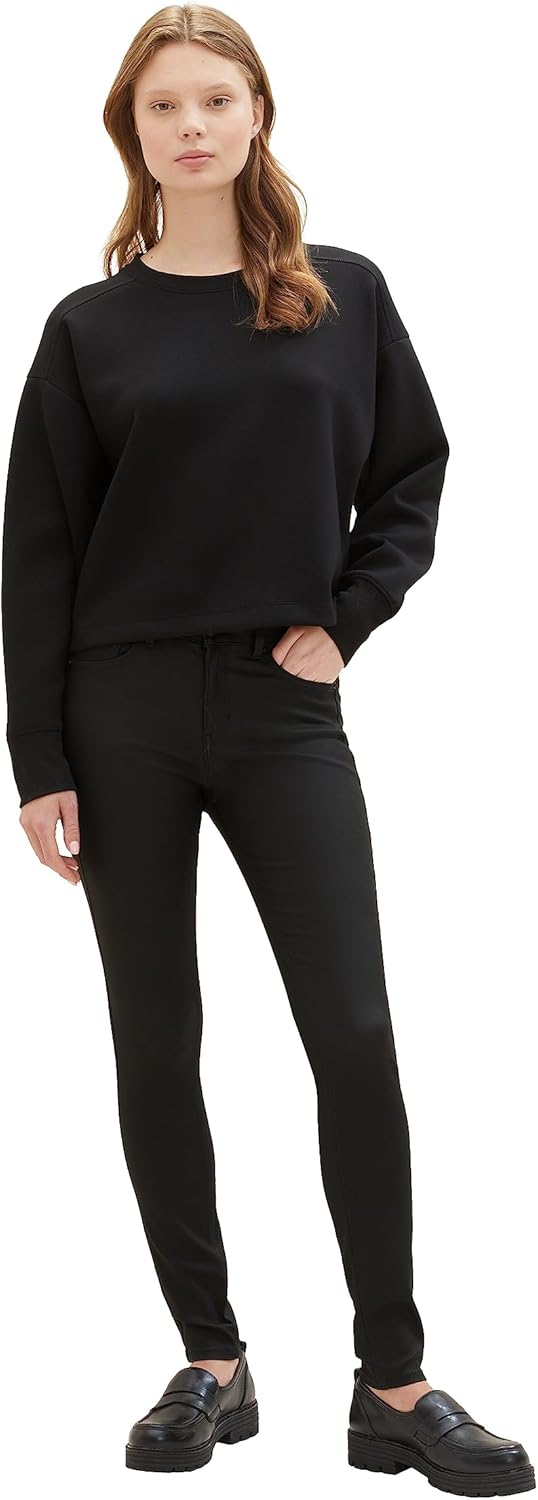 TOM TAILOR Denim Damen NELA Extra Skinny Jeans in Leder-Optik 26W / 32L 10275 - Coated Black Denim,
