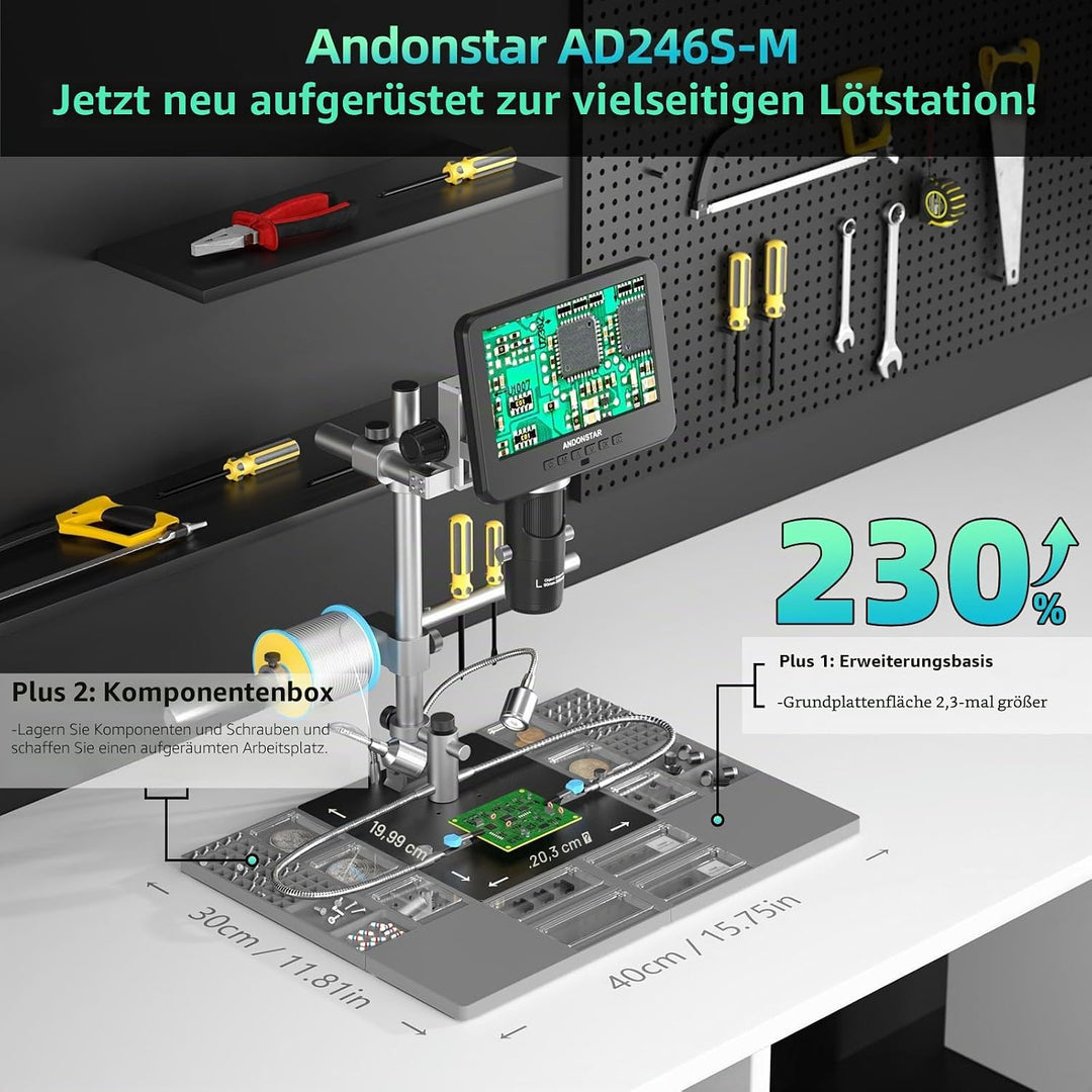 Andonstar AD246S-M Plus 7'' HDMI-Lötdigitalmikroskop für Elektronikreparaturen, 2000x 3 Linsen 2160P