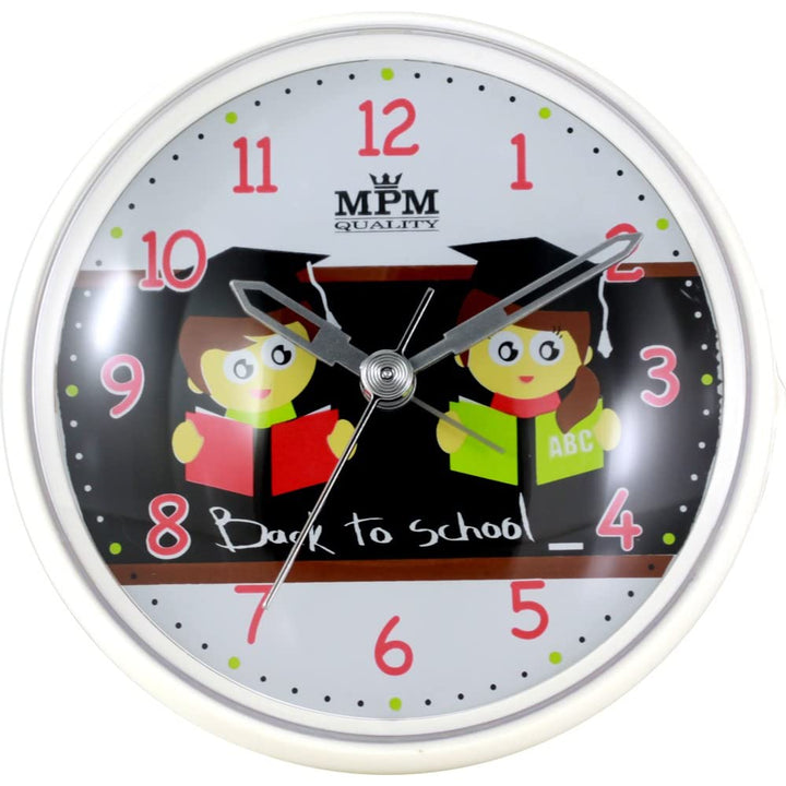 MPM Quality Design Kinder Wecker aus Kunststof, Motiv Schule, Quarz-Uhrwerk Sweep, LED Lichtfunktion