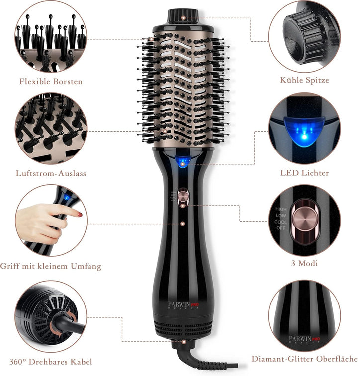 One-Step Warmluftbürste, PARWIN PRO BEAUTY Haartrockner und Volumenbürste, 4 in 1 Ovale Föhnbürste,