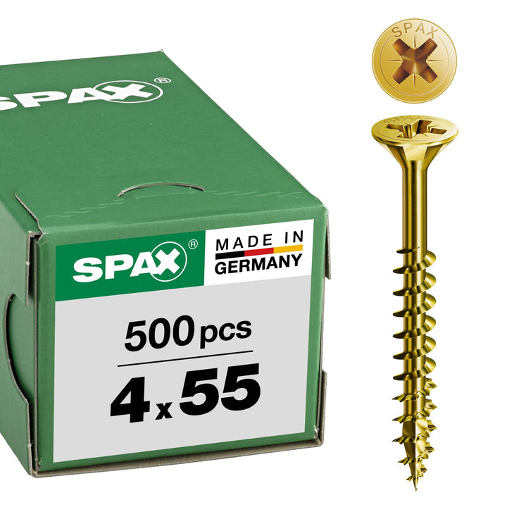 SPAX Universalschraube, 4,0 x 55 mm, 500 Stück, Kreuzschlitz Z2, Senkkopf, Teilgewinde, 4CUT, YELLOX
