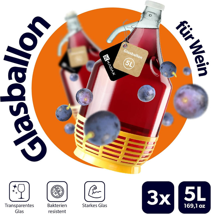 KADAX Weinballon 5L, Glasballon für Wein 3 stück, Weinfass aus glas, Gärballon, Fass für Wein aus Gl