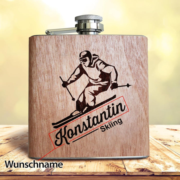 Holz Flachmann Skifahren, mit Gravur personalisiert | Männer Geschenk für Skifahrer | Skifahren Zube