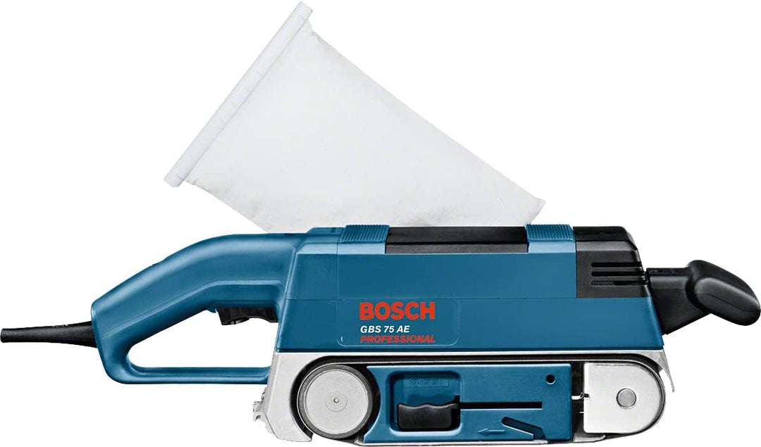 Bosch Professional Bandschleifer GBS 75 AE (750 Watt, inkl. Gewebeschleifband, Staubsack, Grafitplat