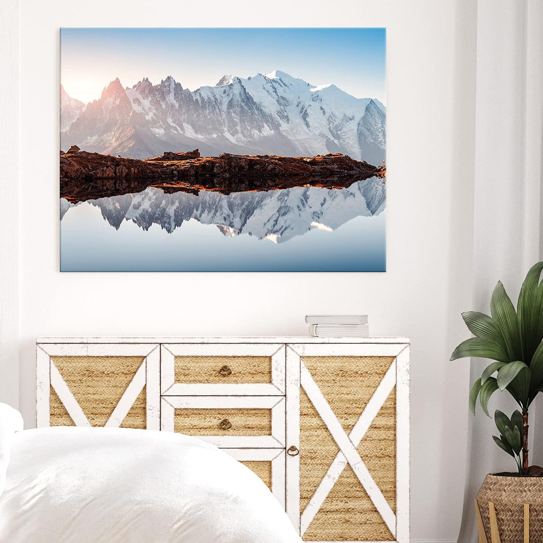 PICANOVA – Bild auf Leinwand Monte Bianco Alpen Bergsee Chesery 100x75cm Leinwandbild – Premium Lein
