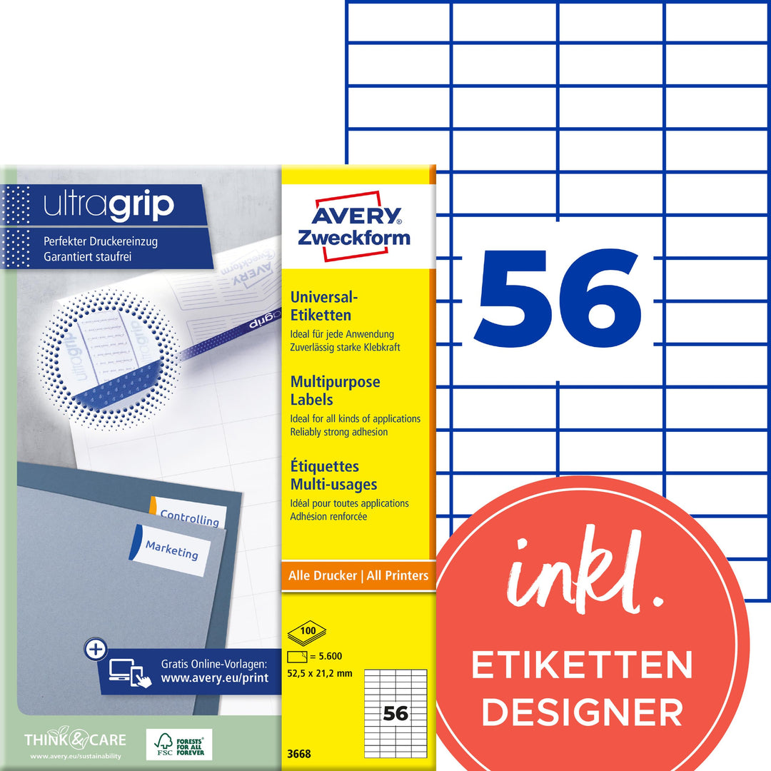 AVERY Zweckform 3668 Universal Etiketten (5.600 Klebeetiketten, 52,5x21,2mm auf A4, Papier matt, ind