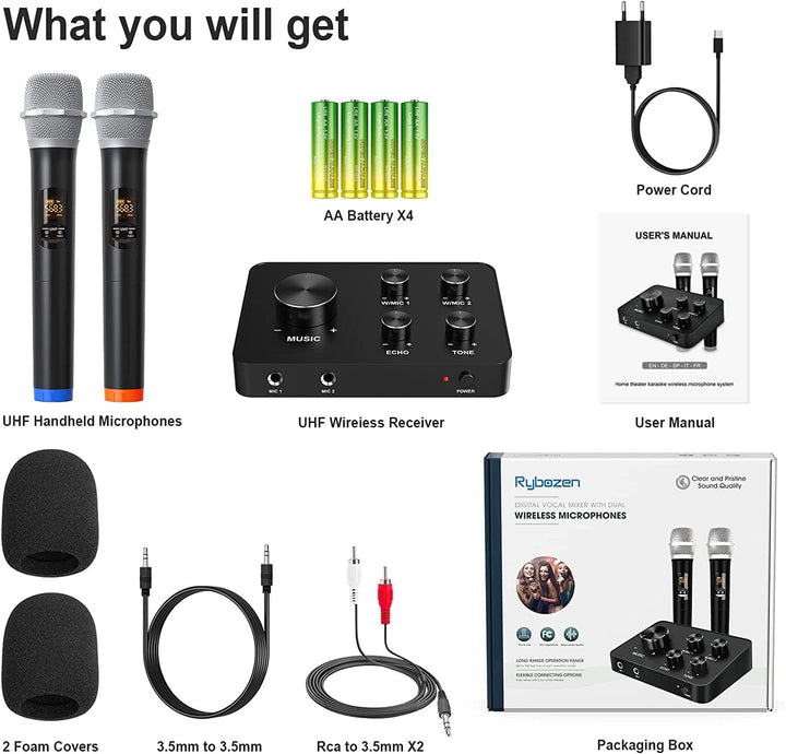 UHF Drahtloses Mikrofon, Bluetooth Handmikrofonsystem Funkmikrofon Professionelles Dynamisches Dual