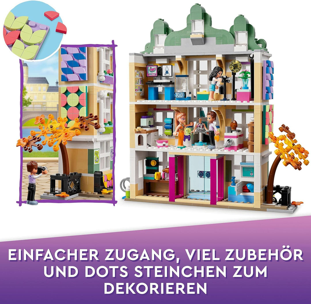 LEGO 41711 Friends Emmas Kunstschule, 3-stöckige Heartlake City Schule mit 3 Mini-Puppen, Kunst-Zube