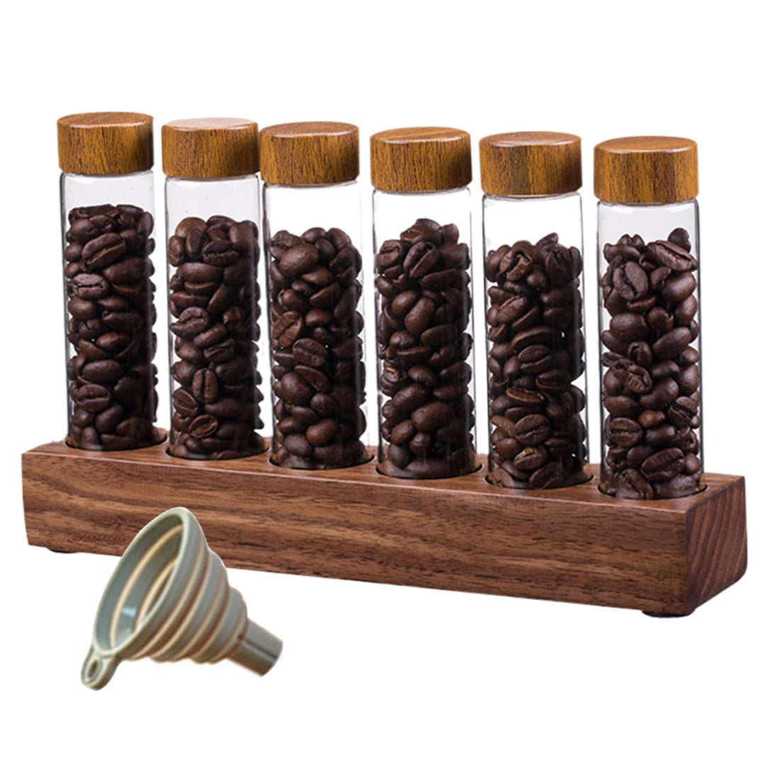 Kaffeebohnen -Röhren Kaffeebohnenkeller 6pcs Einzeldosis Kaffeebohnen -Lagerrohre mit Holzständer ＆