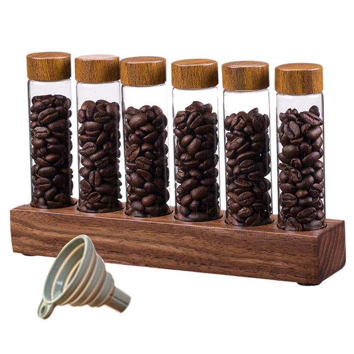 Kaffeebohnen -Röhren Kaffeebohnenkeller 6pcs Einzeldosis Kaffeebohnen -Lagerrohre mit Holzständer ＆