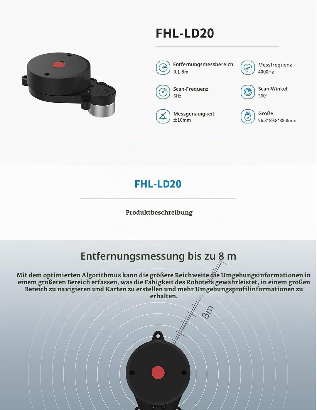 youyeetoo FHL-LD20 8 Meter 360° Lidar-Sensor, bietet Kompatibel mit Raspberry Pi C/ROS1&amp;2 Tutorial,