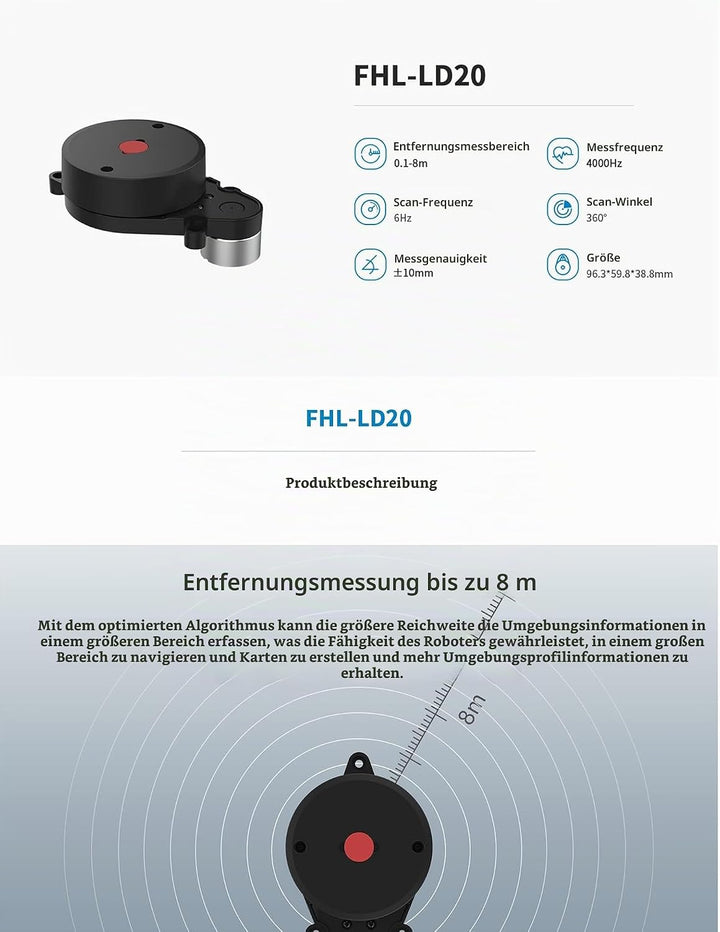 youyeetoo FHL-LD20 8 Meter 360° Lidar-Sensor, bietet Kompatibel mit Raspberry Pi C/ROS1&amp;2 Tutorial,