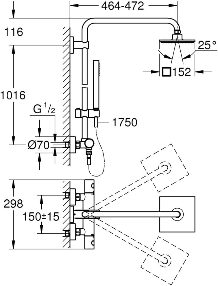 GROHE Euphoria 152 - Duschsystem mit Thermostatbatterie (wassersparend, Wandmontage, Verbrühungsschu