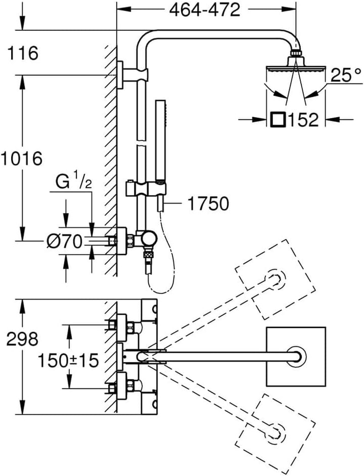 GROHE Euphoria 152 - Duschsystem mit Thermostatbatterie (wassersparend, Wandmontage, Verbrühungsschu